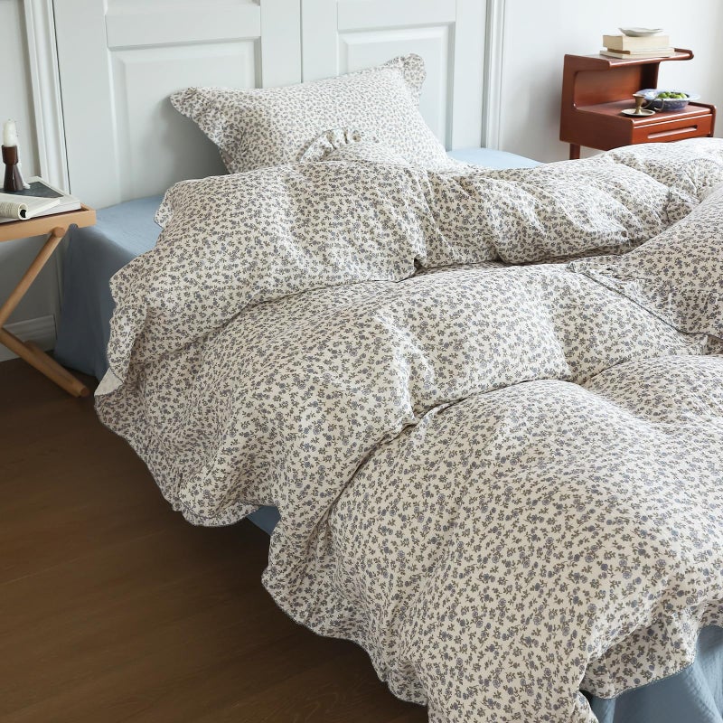 BuLuTu Chic Shabby Floral Girls Boys Duvet Cover Twin Size  Blue Flower Print Kids Duvet Cotton Muslin Soft Breathable Ruffled Quilt Cover Children Bedding  Zipper Closure - Image 4